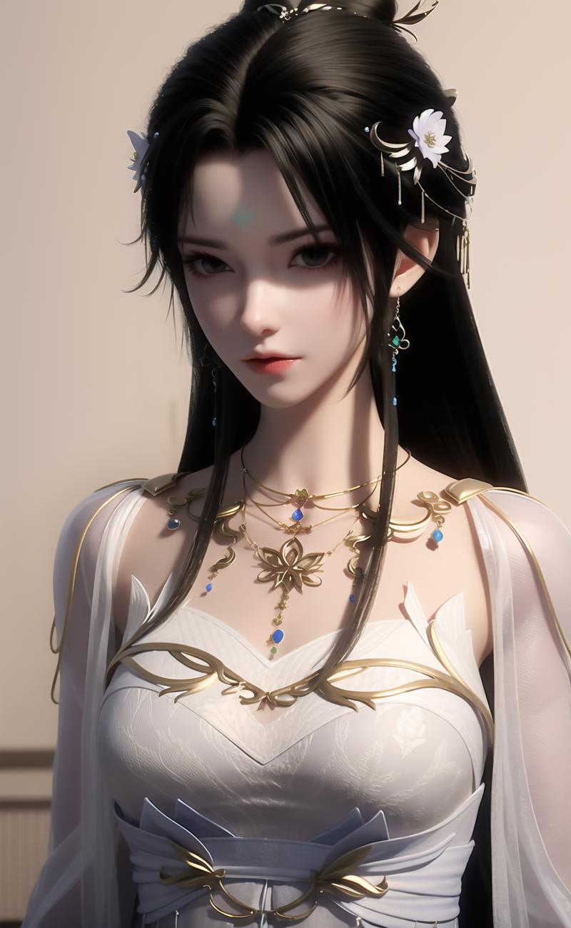 24686-2678051124-qingyi,1girl,solo,jewelry,hair ornament,long hair,necklace,upper body,dress,earrings,blurry background,facial mark,forehead mark.png